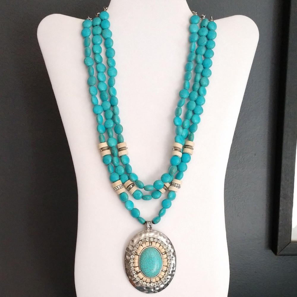 Turq, wood & crystal multi strand pendant necklace